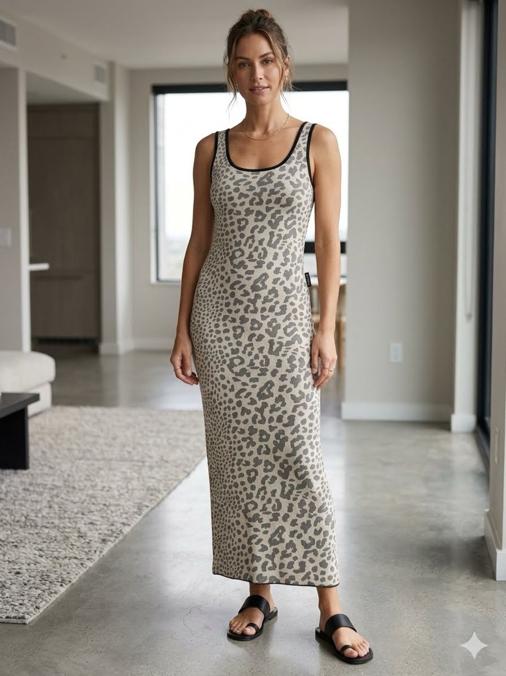 2B Bebe Cream and Gray Leopard-Print Tank Maxi Dress with Black Trim